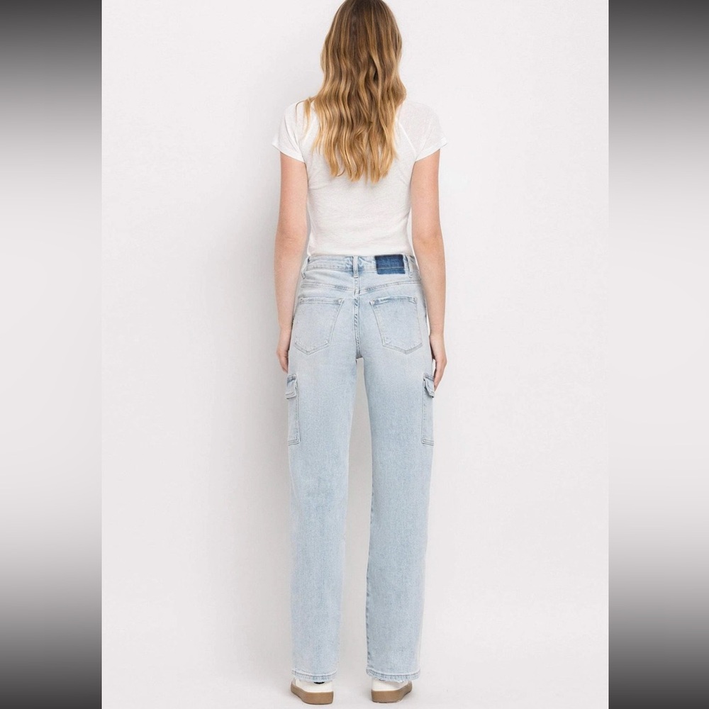 Vervet - 90's Vintage Super High Rise Cargo Straight Jeans Light Wash Sz 26 - Picture 9 of 11